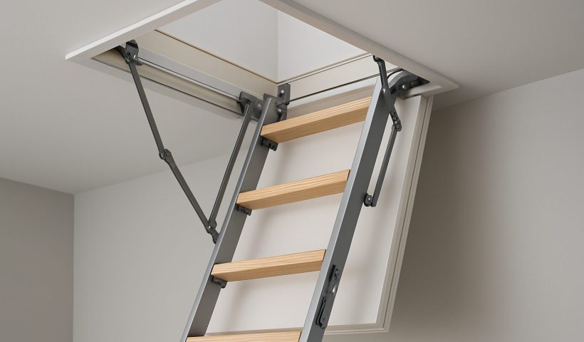A retractable loft ladder extended from a ceiling hatch, showcasing vertical access in a home.