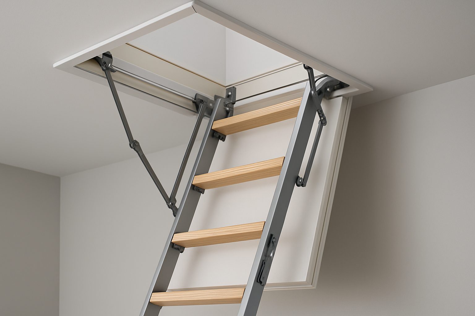 A retractable loft ladder extended from a ceiling hatch, showcasing vertical access in a home.