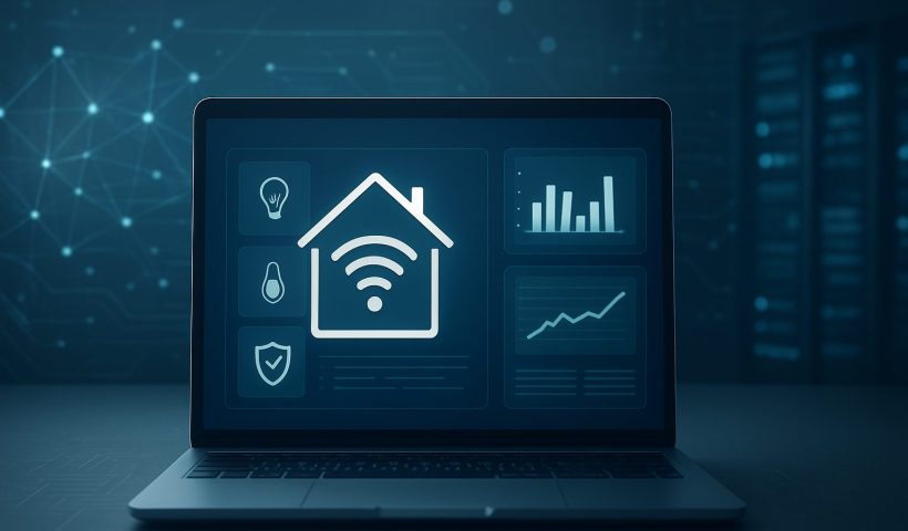 A computer screen displaying smart home control options with icons for lights and security.