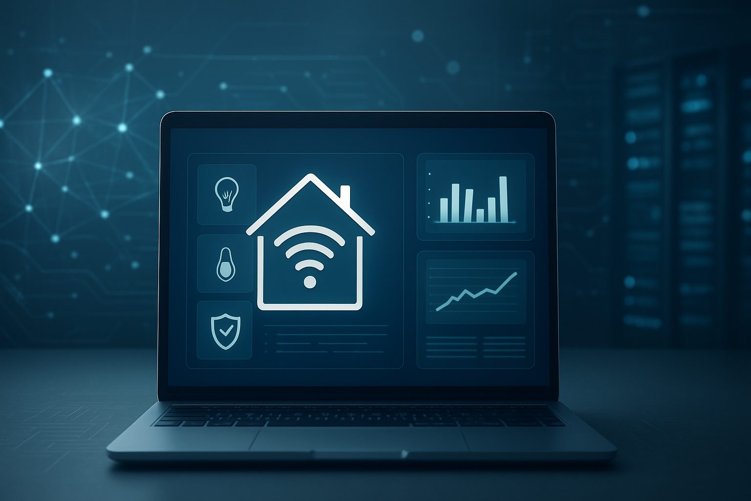 A computer screen displaying smart home control options with icons for lights and security.